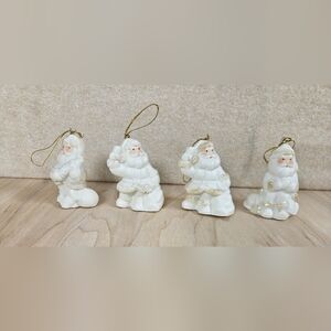 Set of 4 Vintage Ceramic Santa Claus Ornaments White Gold Glitter 3.75in